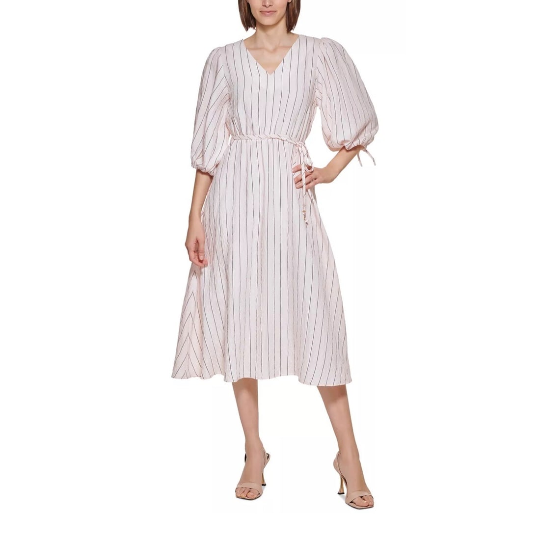 Calvin Klein Pink Striped Puff-Sleeve Midi Dress Size 10: Calvin Klein Pink Striped Puff-Sleeve Midi Dress Size 10 Embrace effortless elegance with this CALVIN KLEIN Striped Puff-Sleeve Belted Waist Midi Dress in a soft pink hue. This feminine dress
