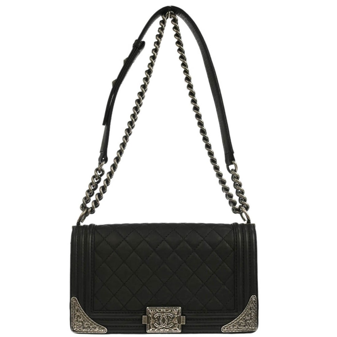 Chanel Boy Medium Black Leather Quilted Shoulder Bag with Chain Strap: Chanel Boy Medium Black Leather Quilted Shoulder Bag with Chain Strap This Chanel Boy Medium Shoulder Bag features black calfskin leather in a square silhouette with quilted accents and a push lock cl