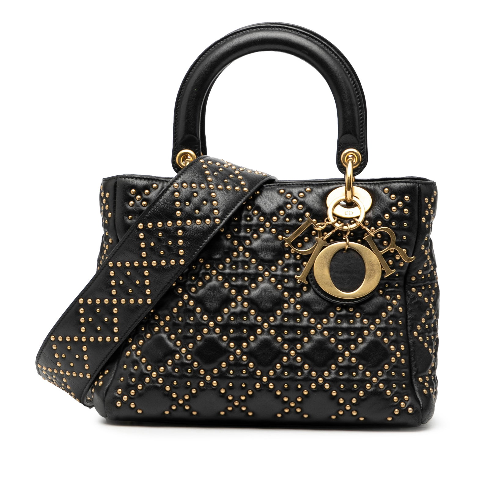Dior Lady Dior Medium Black Lambskin Cannage Studded Bag with Strap (1 of 7)