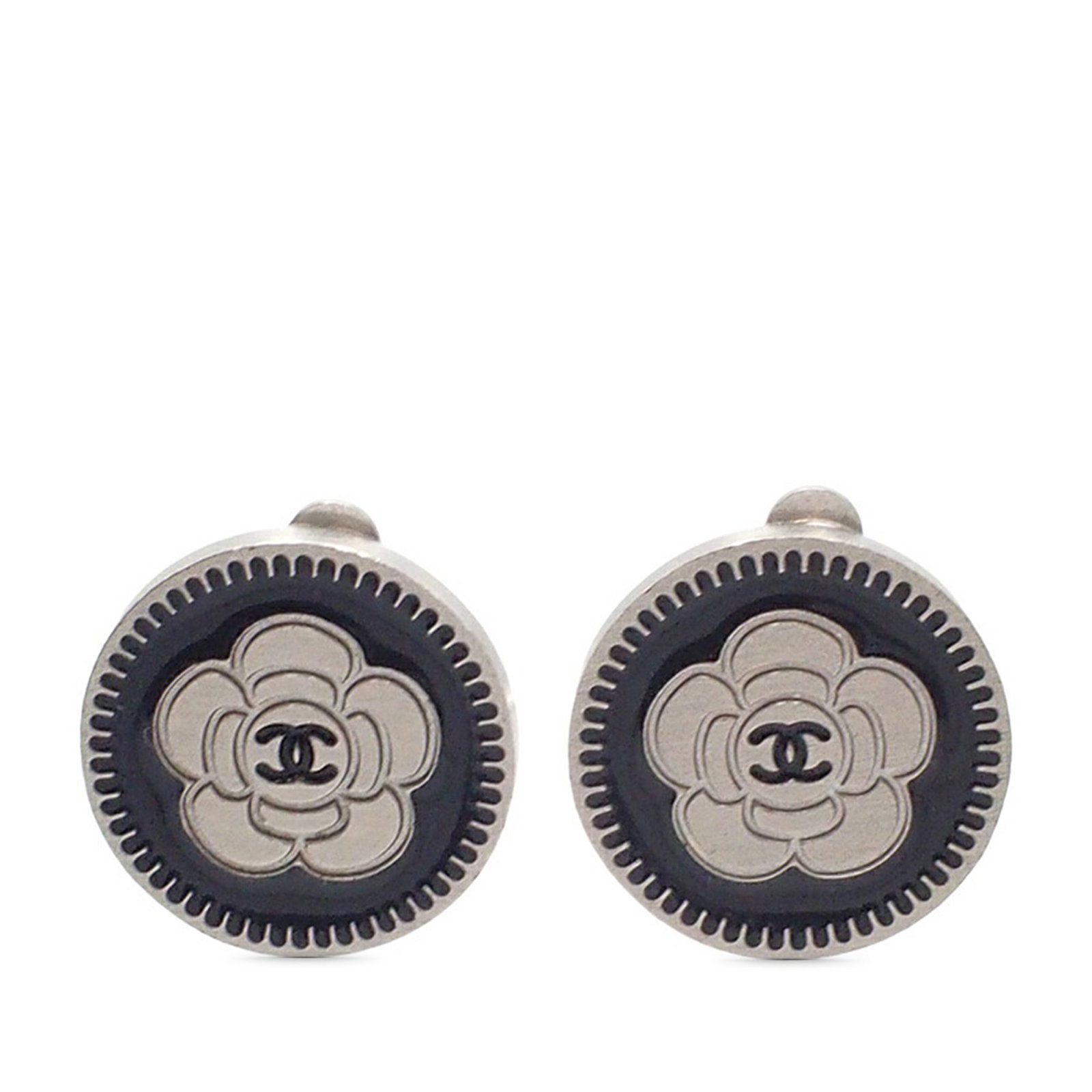 Chanel Camellia Clip-On Earrings Silver Tone with Enamel CC Detail: Chanel Camellia Clip-On Earrings Silver Tone with Enamel CC Detail These Chanel earrings feature silver-tone metal bodies accented with enamel camellia details and are designed with clip-on back closu
