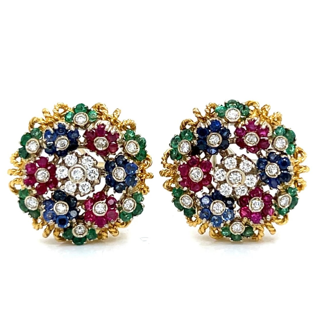 18K Gold Earrings With Diamonds Emeralds Rubies Sapphires Circa 1960s: 18K Gold Earrings With Diamonds Emeralds Rubies Sapphires Circa 1960s These 1960s earrings are crafted from 18K yellow gold and feature an entremblant design. Each earring is set with a total of 38 di