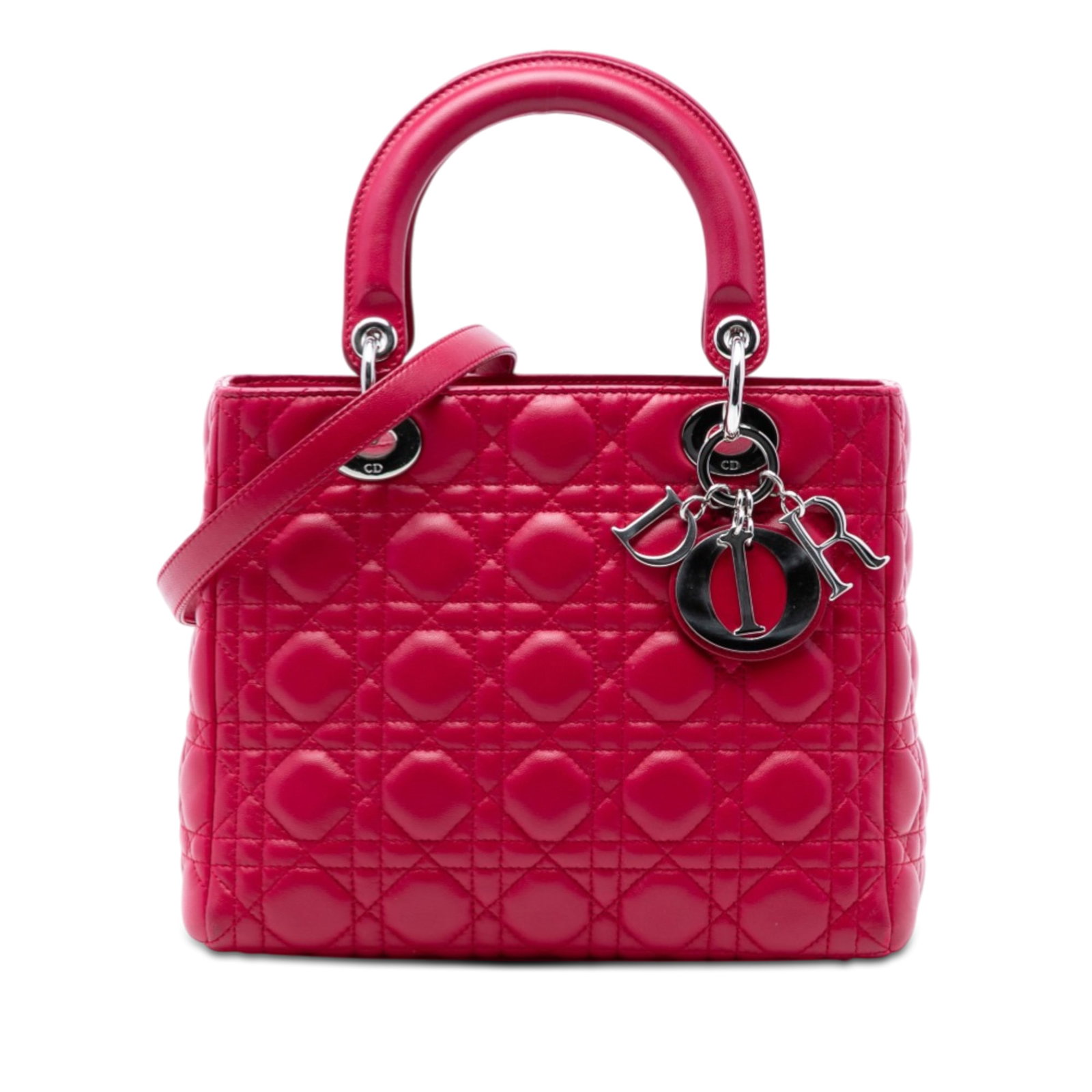 Dior Lady Dior Medium Red Quilted Lambskin Bag with Detachable Strap: Dior Lady Dior Medium Red Quilted Lambskin Bag with Detachable Strap This Lady Dior handbag features a quilted lambskin leather exterior in red, flat leather top handles, a detachable flat leather str