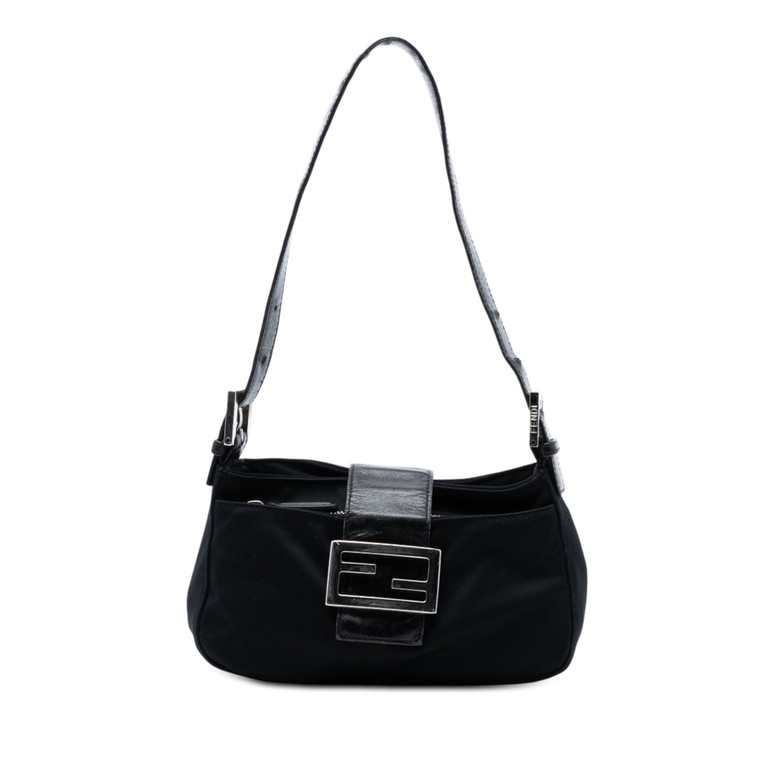 Black Nylon Shoulder Bag with Leather Strap by Fendi: Black Nylon Shoulder Bag with Leather Strap by Fendi This Fendi shoulder bag is crafted from black nylon and features an adjustable flat leather strap. The design includes a top strap with magnetic sn