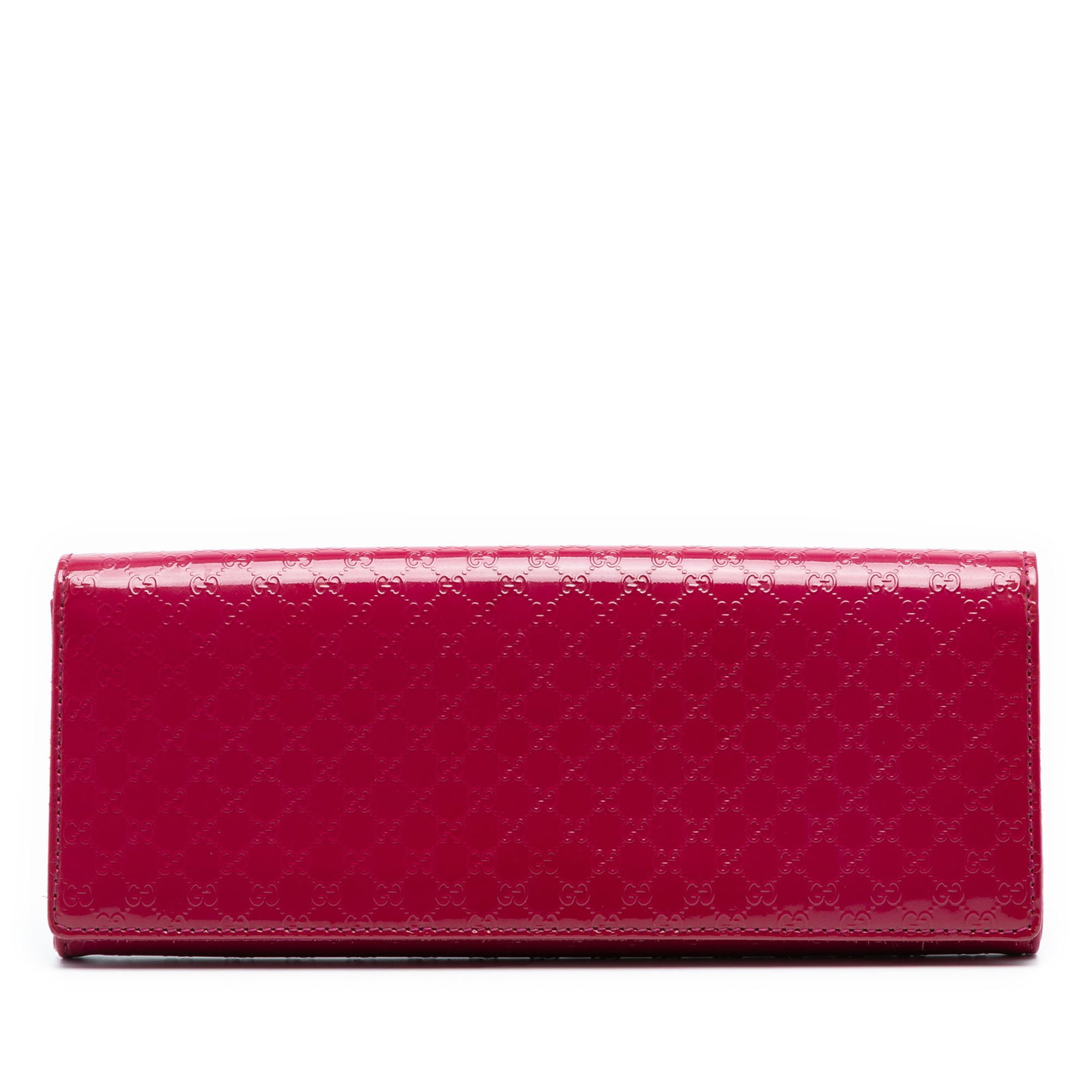 Pink Patent Leather Broadway Clutch Microguccissima by Gucci: Pink Patent Leather Broadway Clutch Microguccissima by Gucci This Broadway clutch features a pink patent leather body with the distinctive Microguccissima pattern and a top flap secured by a magnetic 