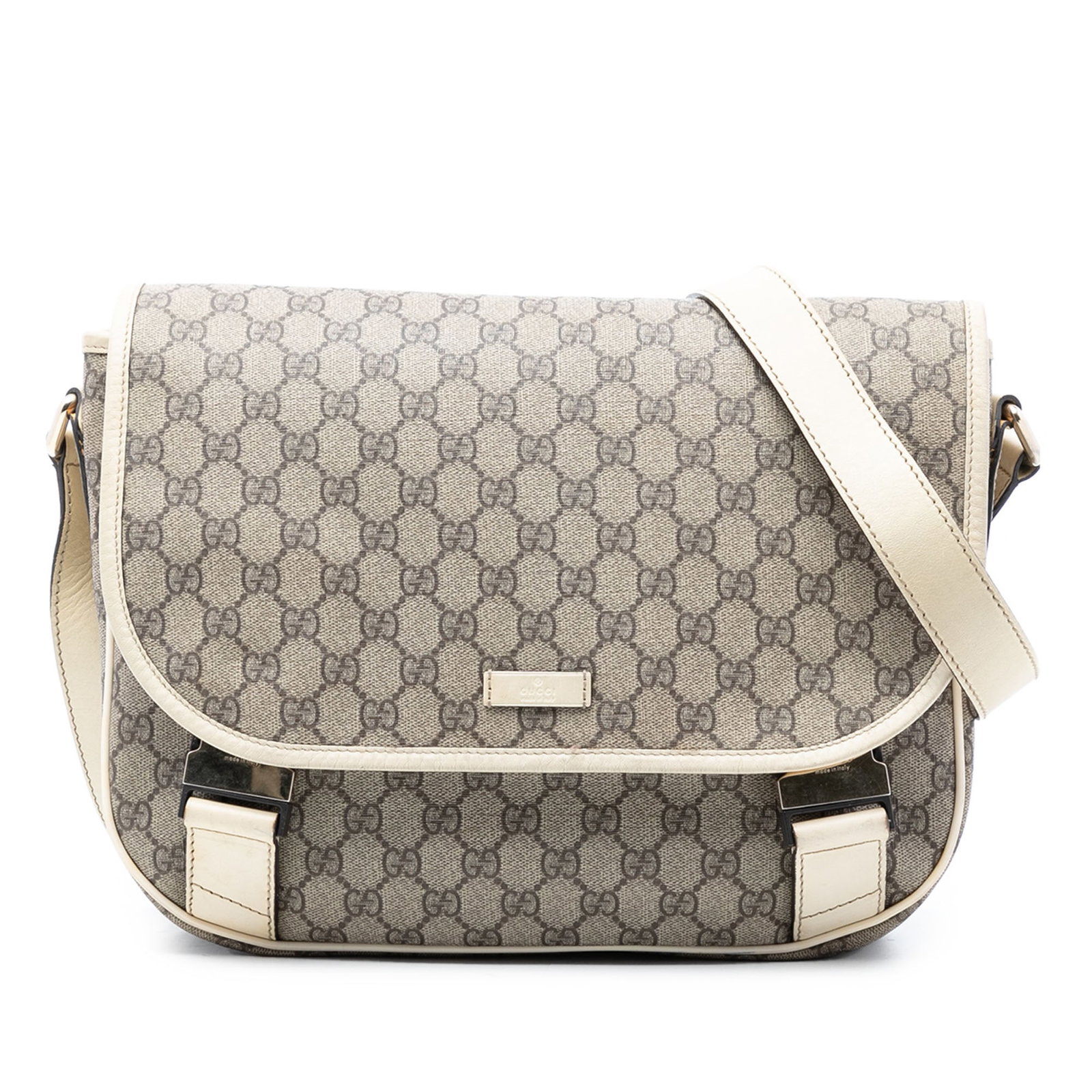 Gucci GG Supreme Beige Canvas Crossbody Bag with Leather Trim: Gucci GG Supreme Beige Canvas Crossbody Bag with Leather Trim This Gucci GG Supreme Crossbody bag features a coated canvas body with leather trim, a flat adjustable strap, a top flap with dual buckle 