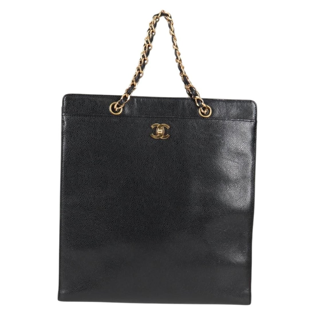 Chanel Black Caviar Leather Vintage Tote with CC Lock and Chain Handles: Chanel Black Caviar Leather Vintage Tote with CC Lock and Chain Handles This Chanel Vintage CC Lock Pocket Chain Tote features a classic black leather exterior with the iconic CC lock and chain detail