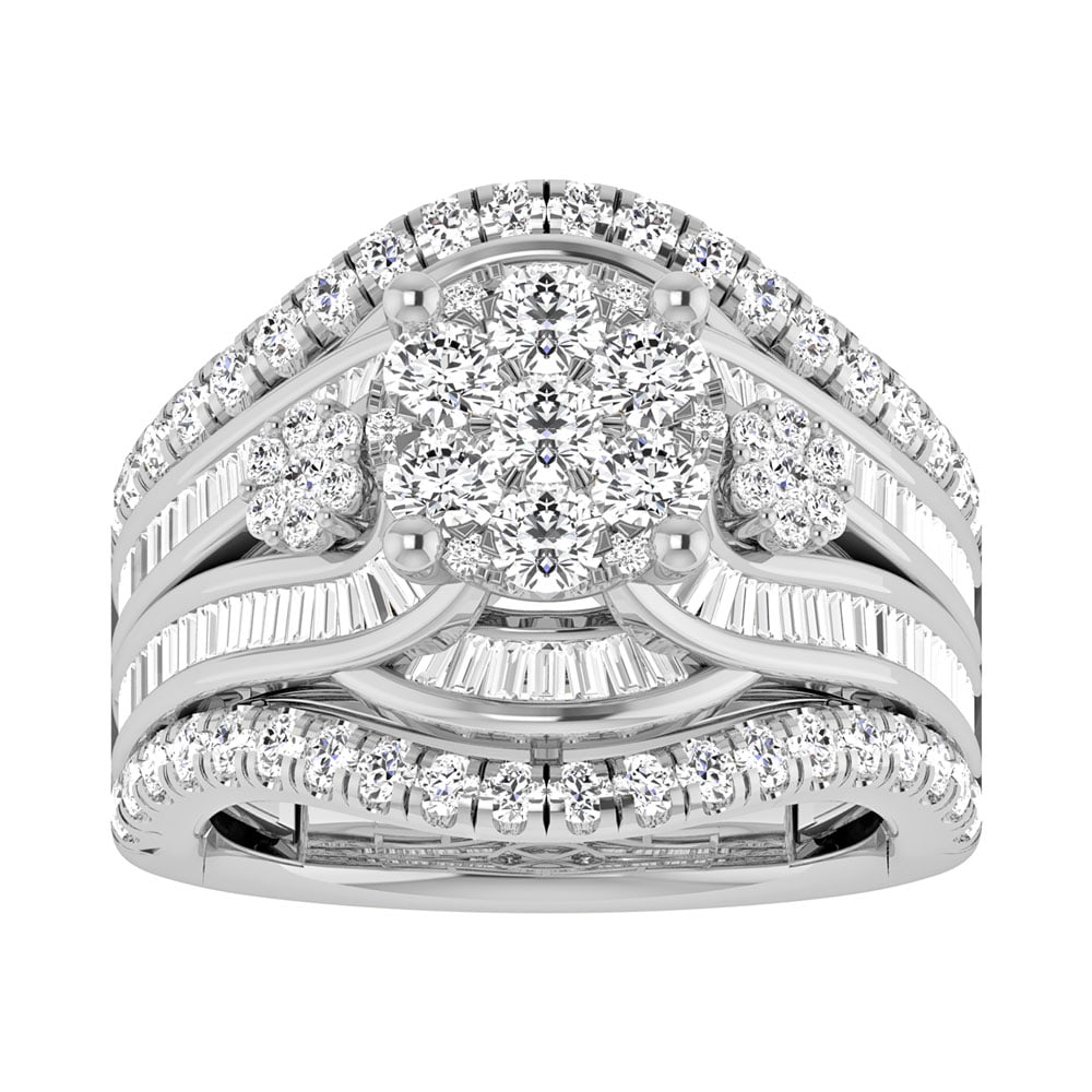 Diamond 2 Ct.Tw. Cluster Engagement Ring in 14K White Gold: Diamond 2 Ct.Tw. Cluster Engagement Ring in 14K White Gold 14k White Gold Stone Color: G-h Stone Clarity: I2 Each ring is presented in standard size 6.5. Complimentary resizing is available between si