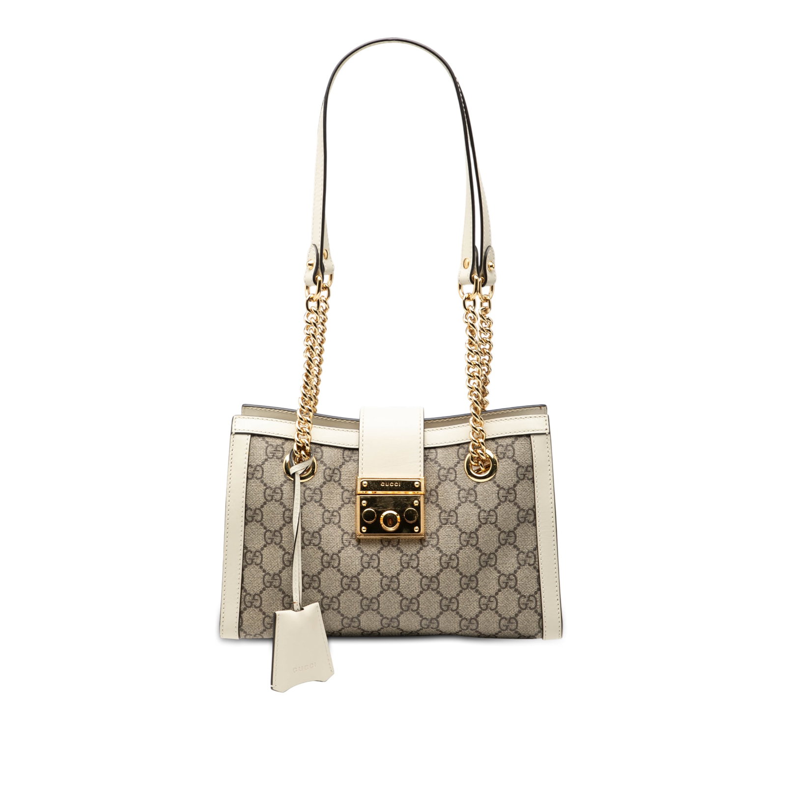 Gucci Padlock Tote Small GG Supreme Canvas Beige Shoulder Bag: Gucci Padlock Tote Small GG Supreme Canvas Beige Shoulder Bag This Gucci Small GG Supreme Padlock Tote features a coated canvas body with leather trim, chain-link and leather shoulder straps, an open 