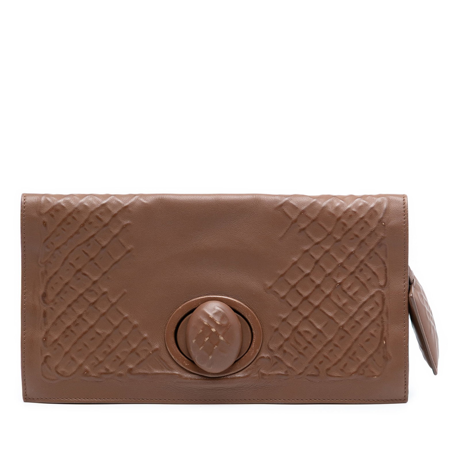 Nappa Leather Intrecciato Clutch with Turnlock by Bottega Veneta: Nappa Leather Intrecciato Clutch with Turnlock by Bottega Veneta This Bottega Veneta Nappa Embossed Intrecciato Turnlock Clutch features an embossed leather exterior in brown, a front flap with a turn