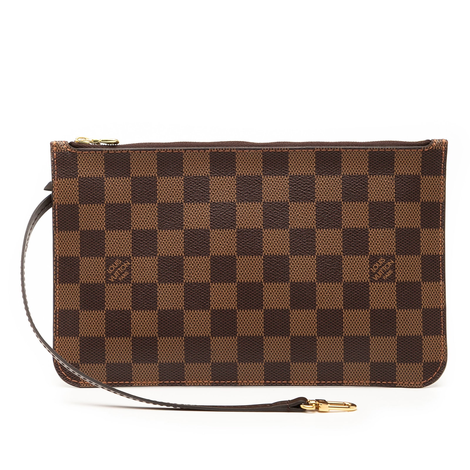 Louis Vuitton Neverfull MM Damier Ebene Canvas Wristlet Pouch: Louis Vuitton Neverfull MM Damier Ebene Canvas Wristlet Pouch This Louis Vuitton Damier Ebene Neverfull Pouch MM features a signature brown Damier Ebene canvas body, a detachable leather wrist strap, 