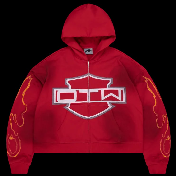 Large Red Full Zip Hoodie Biker Style by OTW: Large Red Full Zip Hoodie Biker Style by OTW This OTW Biker Red Zip Up Hoodie features a vibrant red color with a biker-inspired design. It is crafted from soft, durable fabric for a comfortable fit a