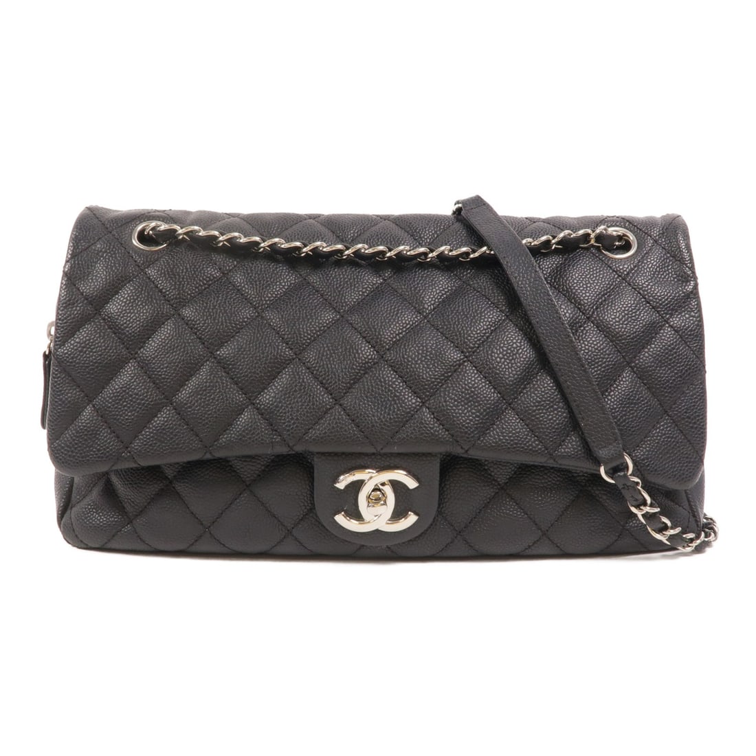 CHANEL Easy Flap Black Calfskin Shoulder Bag CC SHW: CHANEL Easy Flap Black Calfskin Shoulder Bag CC SHW This CHANEL Easy Flap Bag is crafted from luxurious black calfskin leather and features the iconic CC logo with silver-tone hardware. Designed as a 