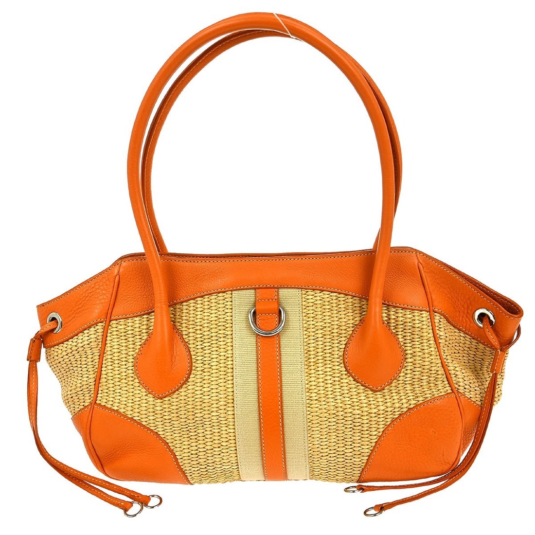 Prada Top Handle Bag in Orange Linen and Leather Medium Size: Prada Top Handle Bag in Orange Linen and Leather Medium Size Elevate your style with this stunning Prada Orange Linen Handbag. Crafted from a combination of leather and linen, this medium-sized top ha