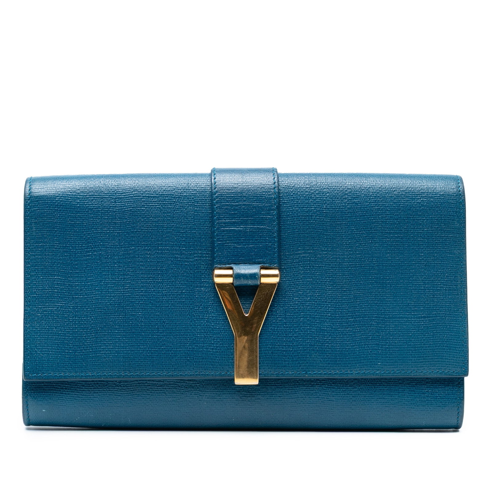 Saint Laurent Blue Textured Leather Chyc Ligne Clutch with Gold-tone Hardware: Saint Laurent Blue Textured Leather Chyc Ligne Clutch with Gold-tone Hardware The Saint Laurent Textured Leather Chyc Ligne Clutch showcases a sophisticated blue leather exterior adorned with gold-ton