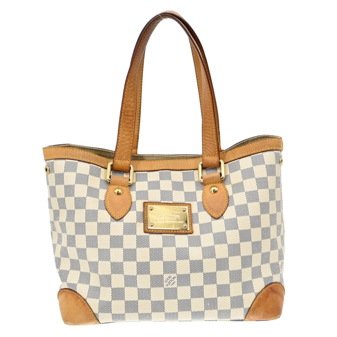 Louis Vuitton Hampstead PM Tote in Damier Azur Canvas with Double Handles: Louis Vuitton Hampstead PM Tote in Damier Azur Canvas with Double Handles This Louis Vuitton Hampstead PM hand tote bag features the signature Damier Azur canvas leather exterior and Alcantara lining.