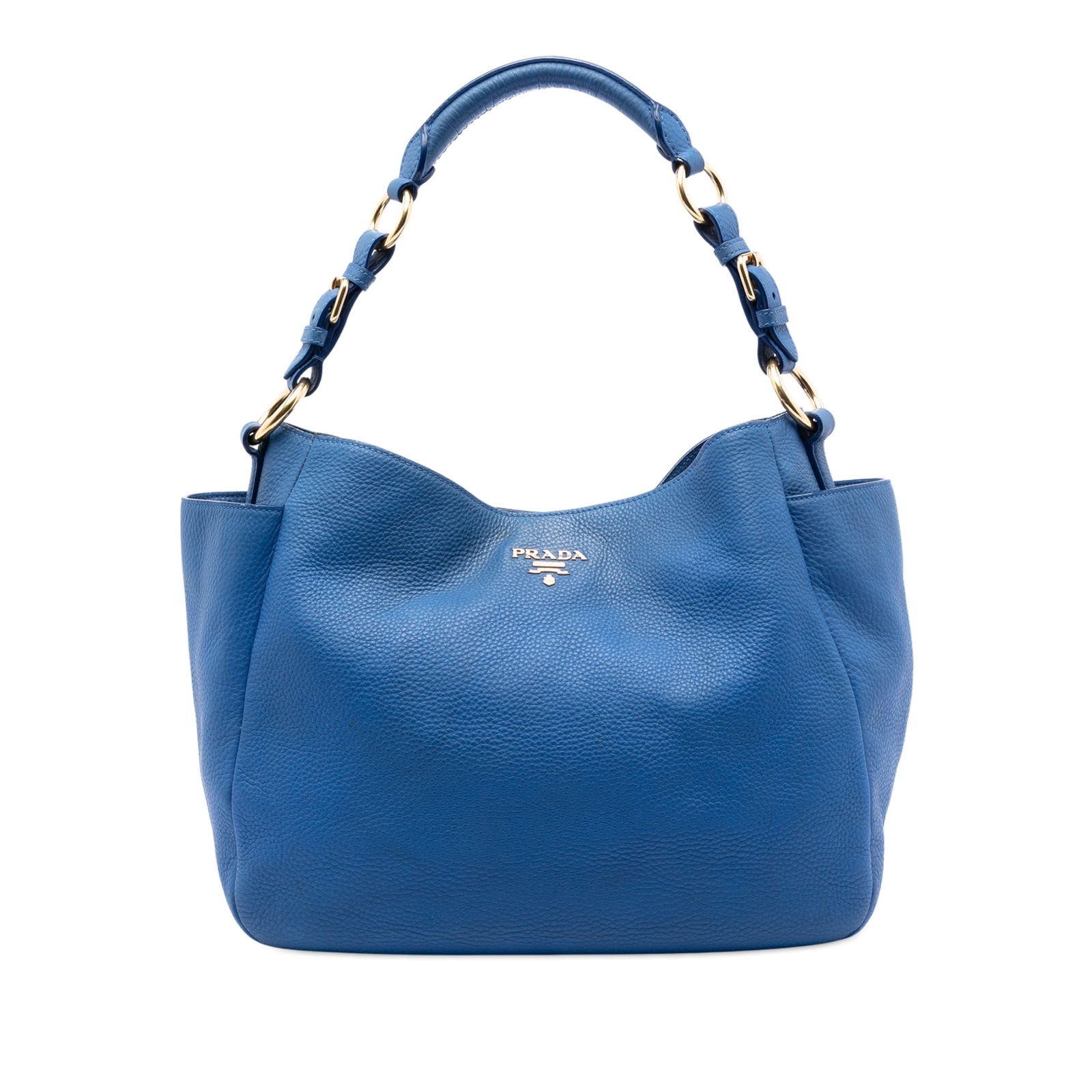 Prada Vitello Daino Blue Leather Shoulder Bag with Side Pockets: Prada Vitello Daino Blue Leather Shoulder Bag with Side Pockets This Prada Vitello Daino Side Pocket Shoulder Bag is crafted from leather and features rolled leather straps, an open top with magnetic 
