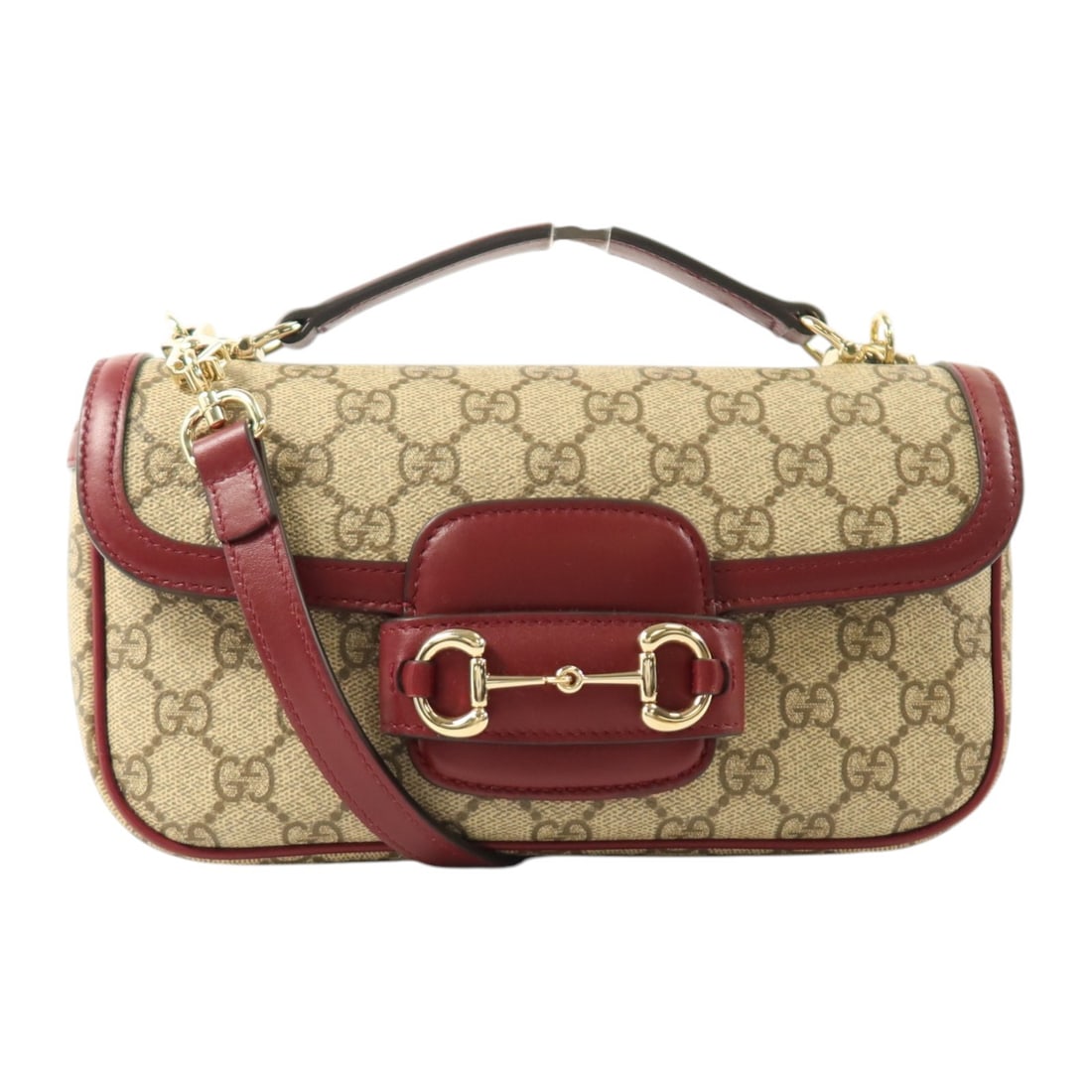 Gucci GG Supreme Horsebit 1955 East West 2way Shoulder Bag: Gucci GG Supreme Horsebit 1955 East West 2way Shoulder Bag This Gucci GG Horsebit 1955 East West 2-way shoulder bag features the iconic GG Supreme canvas with a brown PVC coated exterior. Designed for