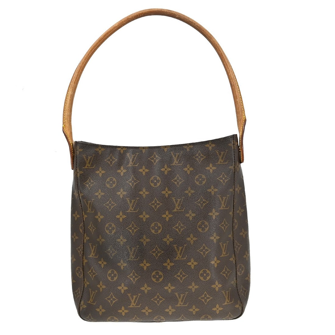 Louis Vuitton Looping GM Monogram Brown Shoulder Bag M51145: Louis Vuitton Looping GM Monogram Brown Shoulder Bag M51145 This Louis Vuitton Looping GM shoulder bag features the classic Monogram pattern on brown leather, complemented by beige leather handles and