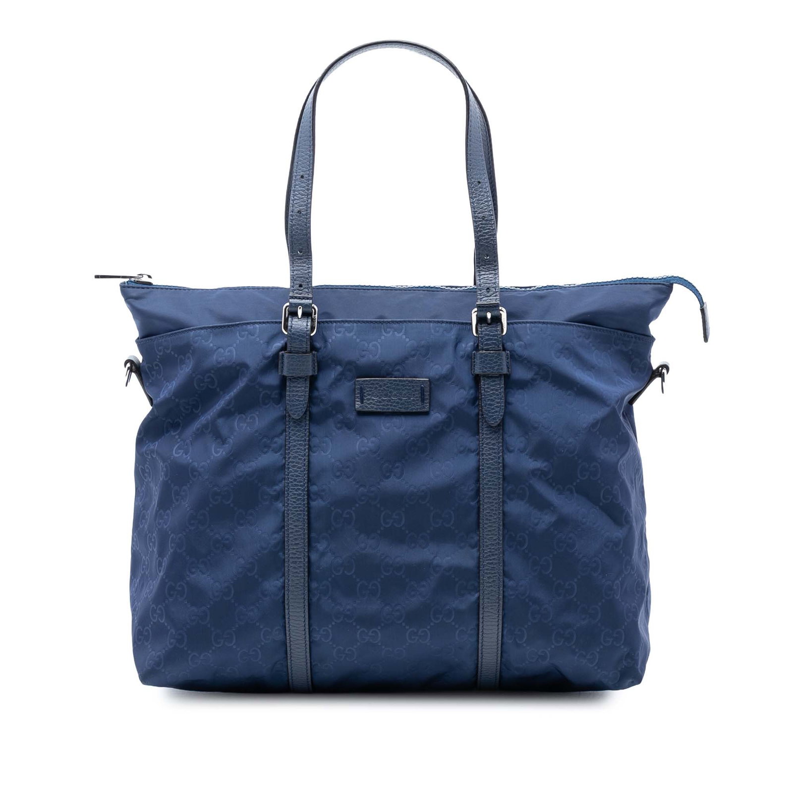Blue GG Nylon Satchel with Leather Handles by Gucci: Blue GG Nylon Satchel with Leather Handles by Gucci This Gucci GG Nylon Satchel features a blue nylon body with flat leather handles, a top zip closure, and interior zip and slip pockets. The bag show