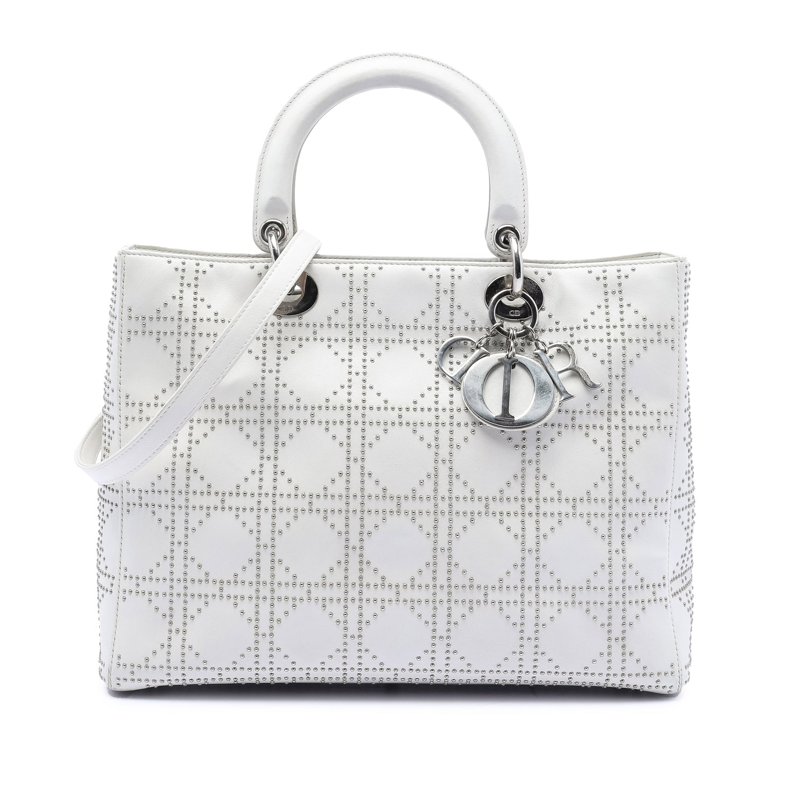 Dior Lady Dior Large White Calfskin Cannage Bag with Stud Embellishments: Dior Lady Dior Large White Calfskin Cannage Bag with Stud Embellishments This Lady Dior handbag features a studded leather exterior with flat leather top handles and a detachable flat leather shoulder