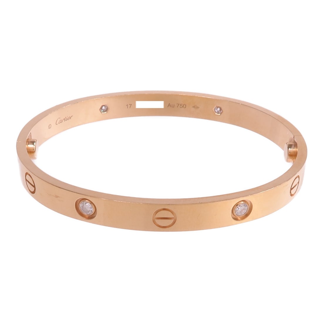 Cartier Love 18K Rose Gold Bracelet with 4 Diamonds Size 17: Cartier Love 18K Rose Gold Bracelet with 4 Diamonds Size 17 This Cartier Love Bracelet is crafted in 18K pink gold and features four diamonds. Designed for women, it comes in size 17 and showcases Car