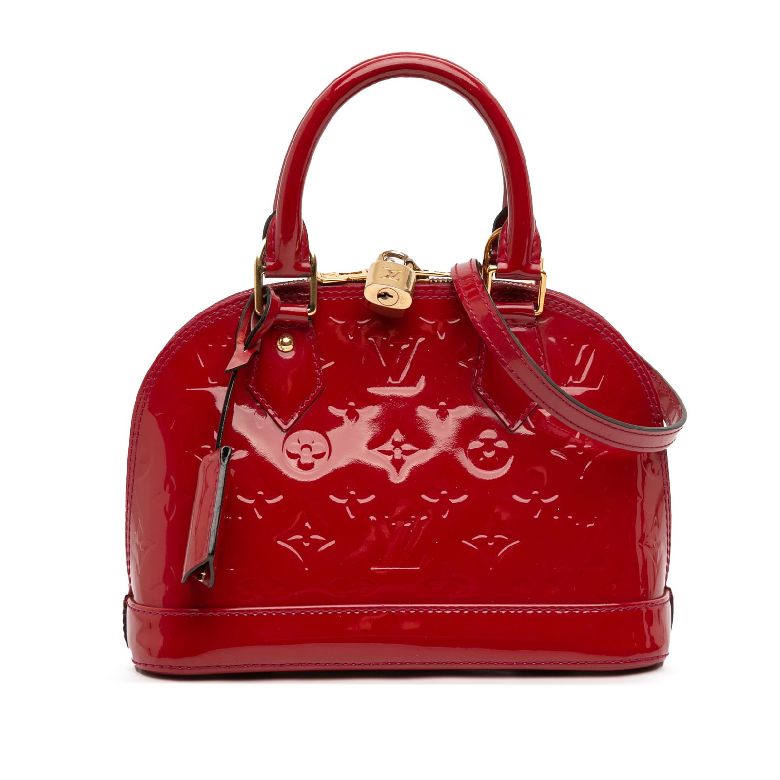 Red Vernis Leather Alma BB Satchel with Strap by Louis Vuitton: Red Vernis Leather Alma BB Satchel with Strap by Louis Vuitton This Louis Vuitton Monogram Vernis Alma BB features a glossy monogram vernis leather body in red, rolled leather handles, a detachable le