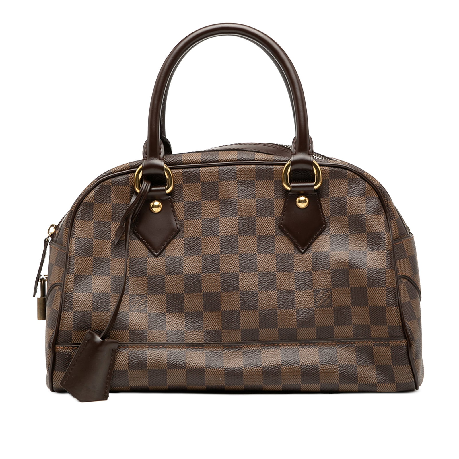 Louis Vuitton Duomo Handbag in Damier Ebene Canvas with Leather Handles: Louis Vuitton Duomo Handbag in Damier Ebene Canvas with Leather Handles The Louis Vuitton Damier Ebene Duomo features a damier canvas body with rolled leather handles, a clochette, a top zip closure, 
