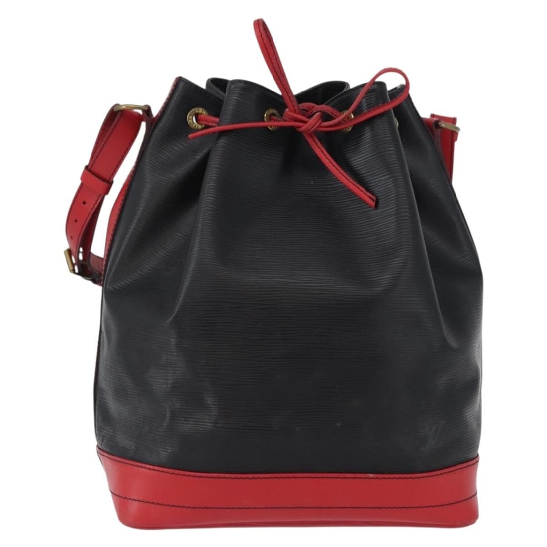 Bicolor Noe Shoulder Bag in Black Epi Leather by Louis Vuitton: Bicolor Noe Shoulder Bag in Black Epi Leather by Louis Vuitton This Louis Vuitton Bicolor Noe Handbag is crafted from Epi leather in black, designed for women. The bag shows signs of previous use, inc