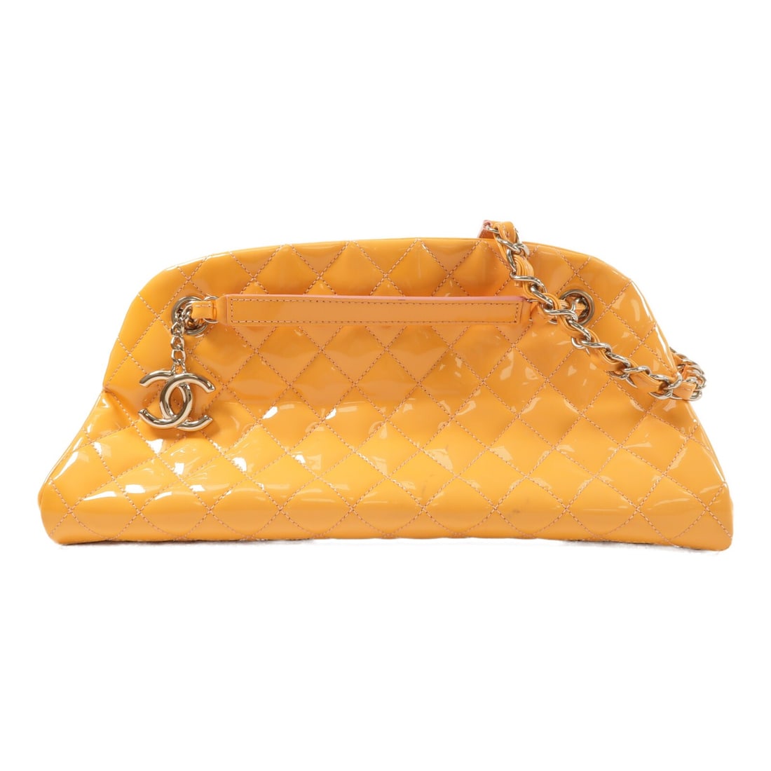 Chanel Patent Leather Orange Shoulder Bag with Silver Chain CC Logo: Chanel Patent Leather Orange Shoulder Bag with Silver Chain CC Logo This CHANEL shoulder bag features a striking orange patent leather exterior and silver-tone hardware. Designed for women, it showcas