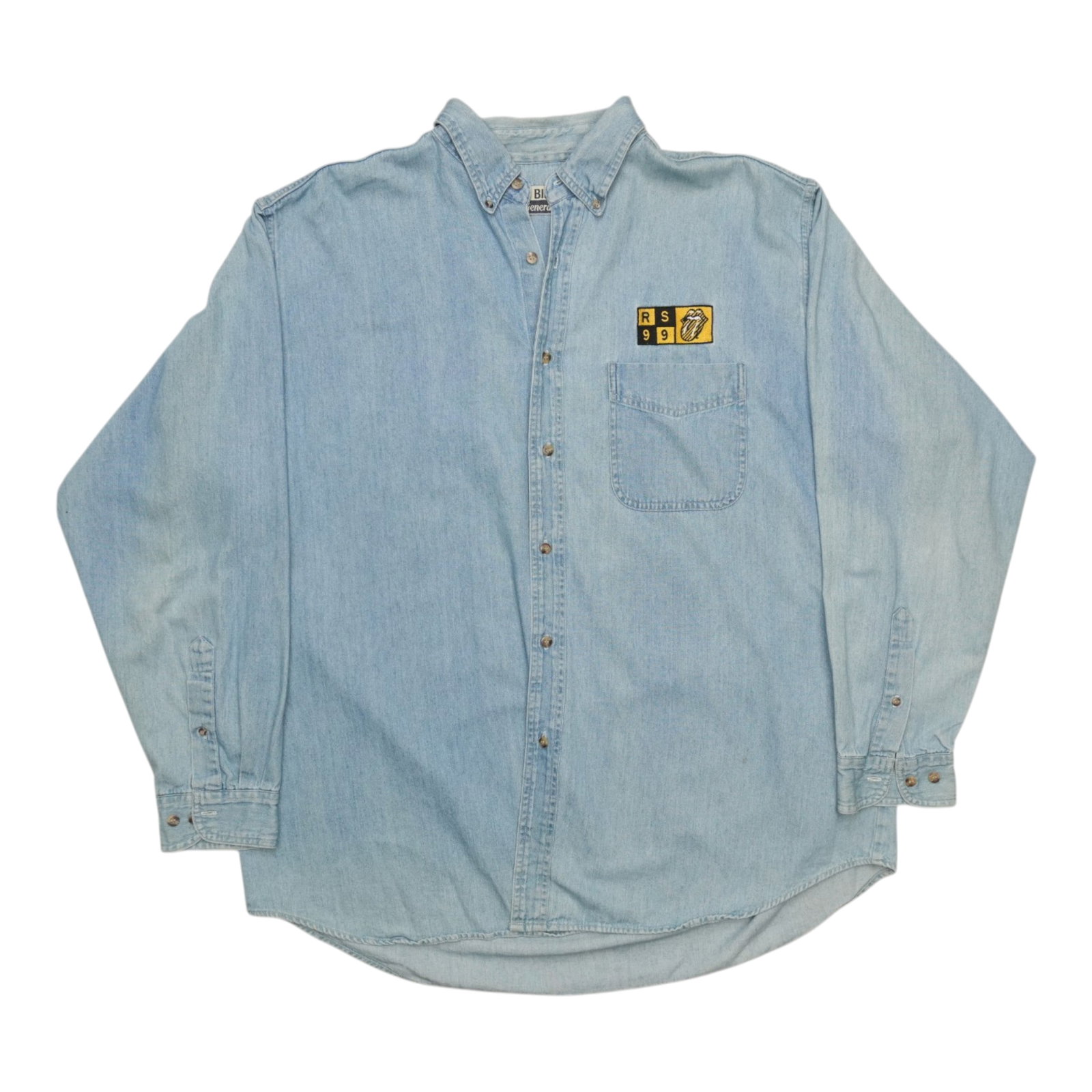 Vintage 1990s Denim Shirt with Rolling Stones Front Graphic: Vintage 1990s Denim Shirt with Rolling Stones Front Graphic This original vintage Rolling Stones denim button-up shirt from the 1990s features a front graphic and is crafted from grey denim. The shirt