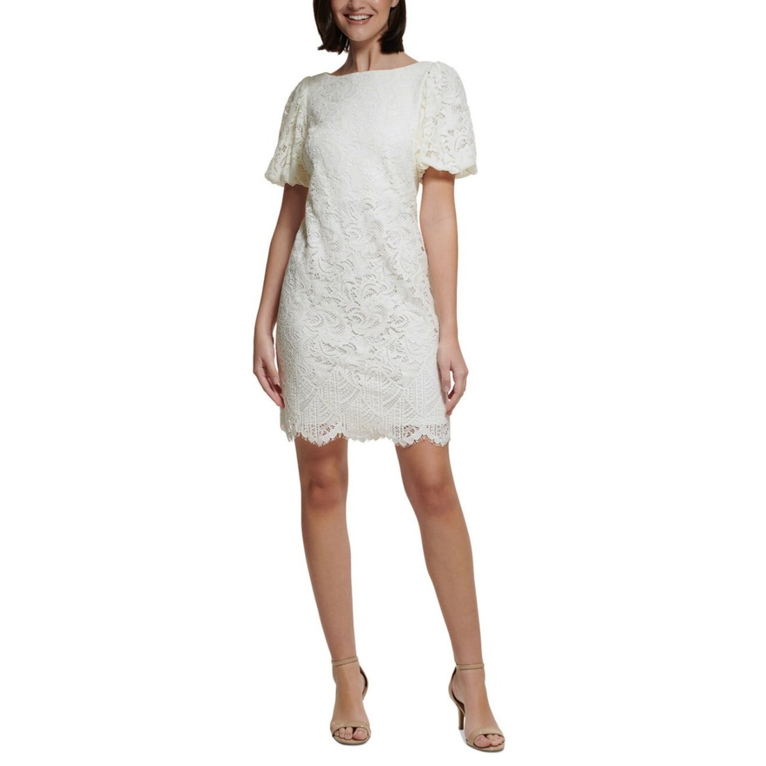Jessica Howard Petites Ivory Lace Shift Dress 8P Puff Sleeve: Jessica Howard Petites Ivory Lace Shift Dress 8P Puff Sleeve Elevate your wardrobe with the Jessica Howard Petites Lace Design Shift Dress in ivory. This chic dress features short puff sleeves and a r