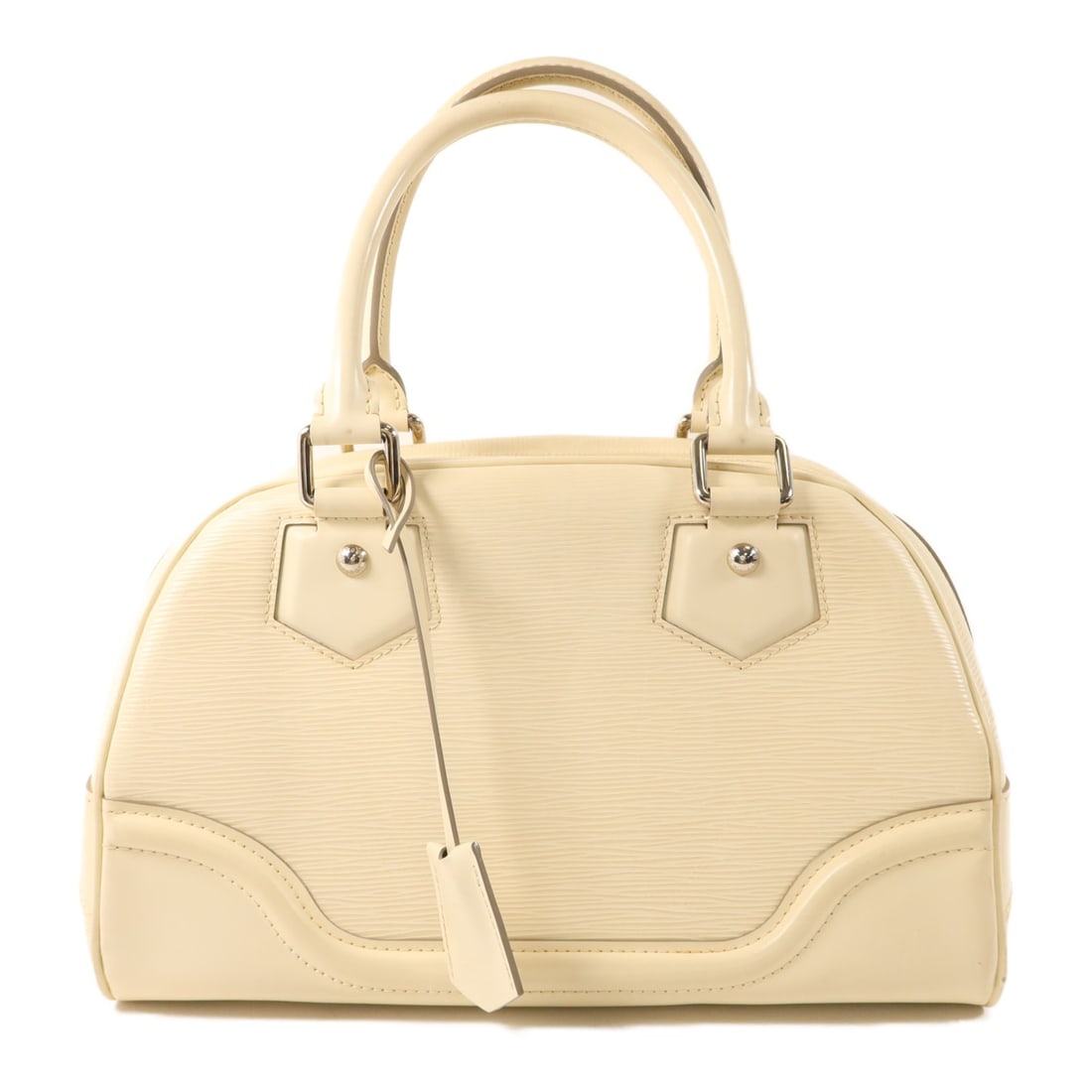Louis Vuitton Montaigne PM Epi Leather Bowling Bag White Silver Hardware: Louis Vuitton Montaigne PM Epi Leather Bowling Bag White Silver Hardware This Louis Vuitton Bowling Montaigne PM handbag is crafted from off-white Epi leather with silver-tone hardware. Designed for w