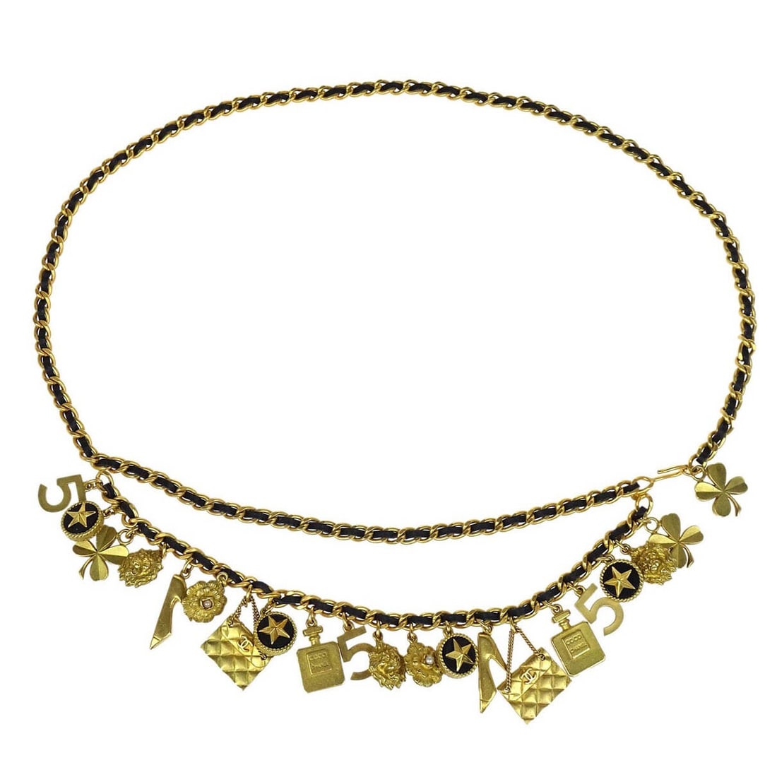 Vintage Chanel Leather Waist Belt with CC Logo and Gold Black Chain: Vintage Chanel Leather Waist Belt with CC Logo and Gold Black Chain This Chanel CC Icon chain belt features a combination of artificial pearls, gold-tone accents, and black leather. Designed as a wais
