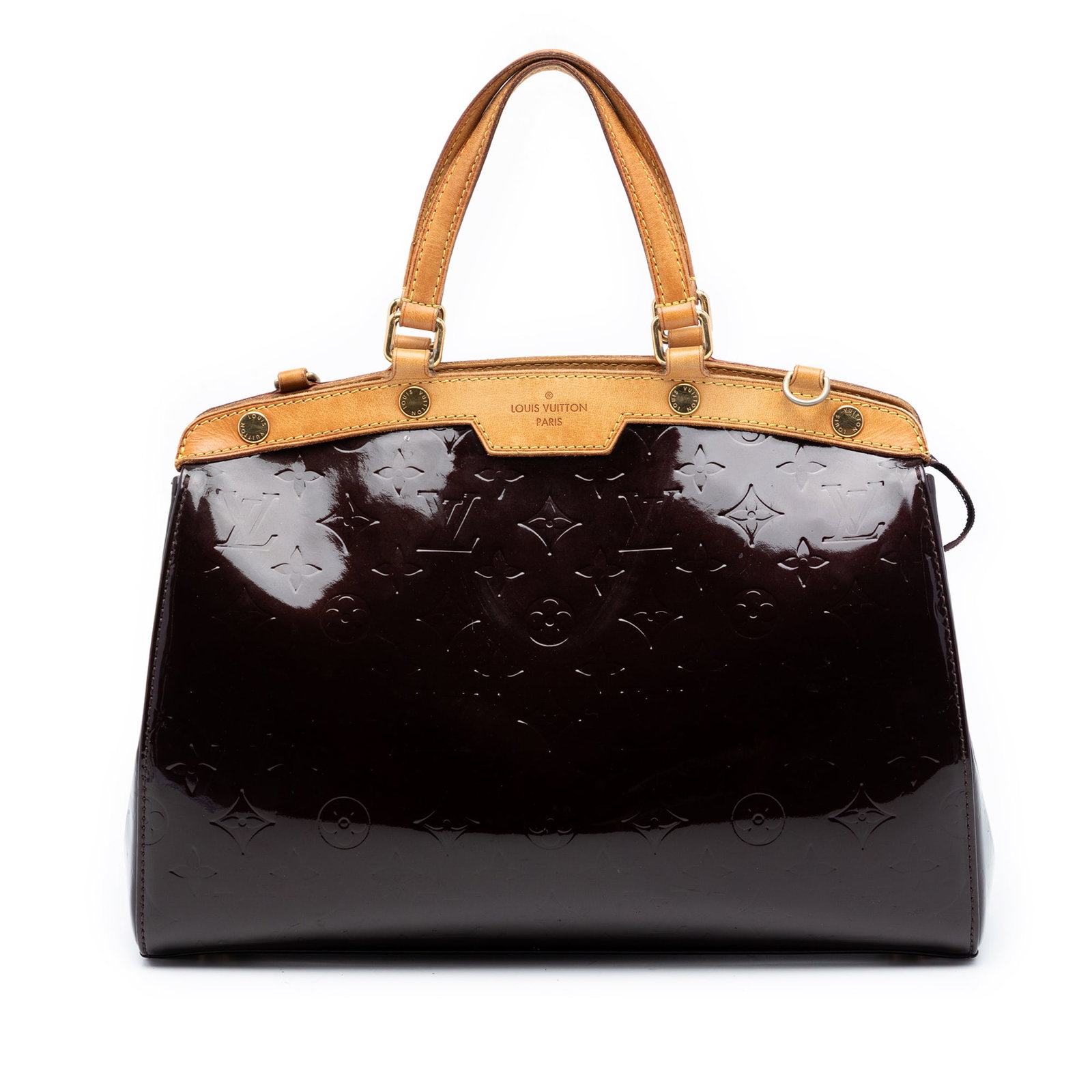 Louis Vuitton Brea MM Purple Vernis Leather Satchel with Vachetta Trim: Louis Vuitton Brea MM Purple Vernis Leather Satchel with Vachetta Trim This Louis Vuitton Monogram Vernis Brea MM features a glossy vernis leather body with vachetta leather trim and flat vachetta lea