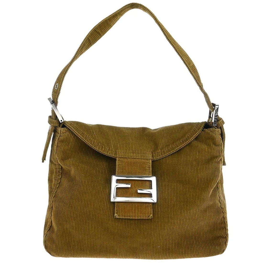 Fendi Zucca Medium Brown Corduroy Top Handle Handbag with Logo Accent: Fendi Zucca Medium Brown Corduroy Top Handle Handbag with Logo Accent This Fendi handbag features a classic brown corduroy exterior with the iconic Zucca pattern and logo accents. Designed in a medium