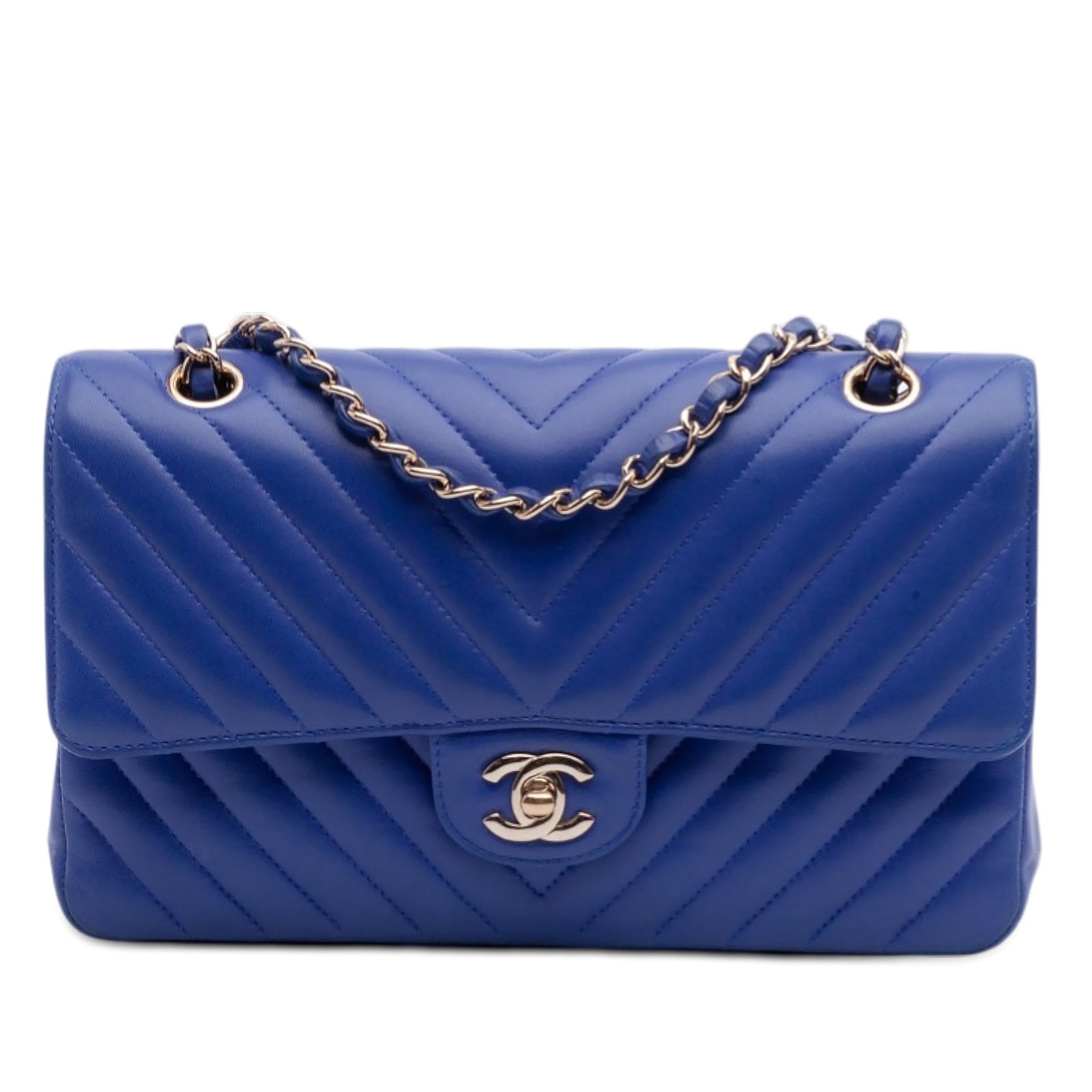 Chanel Chevron Quilted Lambskin Medium Double Flap Shoulder Bag Blue: Chanel Chevron Quilted Lambskin Medium Double Flap Shoulder Bag Blue This Chanel Medium Classic Chevron Lambskin Double Flap shoulder bag features a quilted lambskin leather body, a leather woven chai