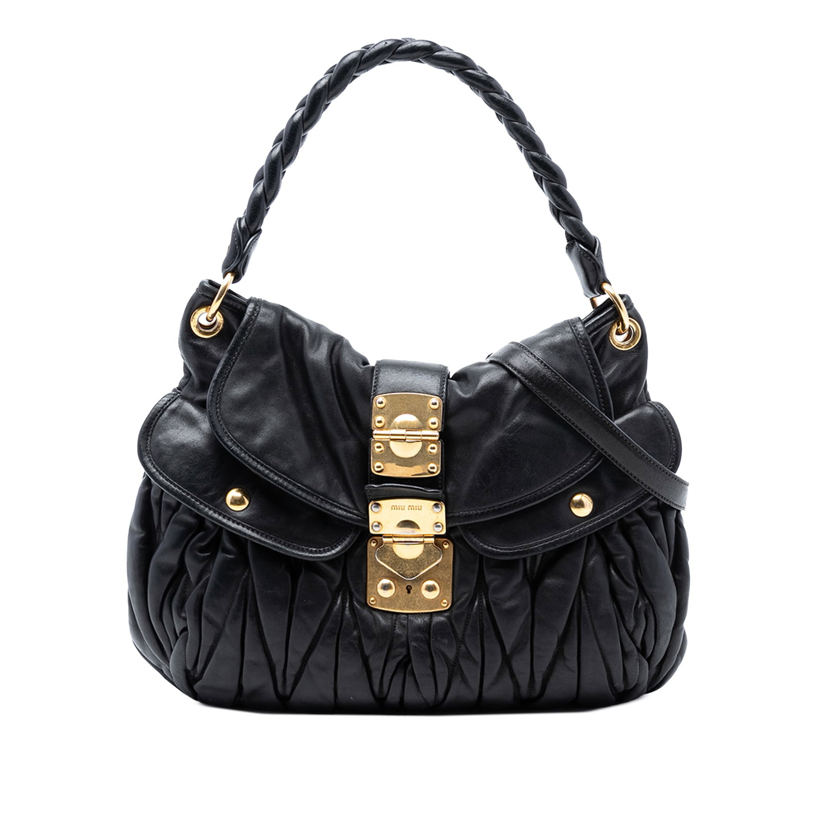 Miu Miu Matelasse Nappa Leather Coffer Shoulder Bag with Braided Strap: Miu Miu Matelasse Nappa Leather Coffer Shoulder Bag with Braided Strap This Miu Miu Matelasse Nappa Coffer Satchel features a pleated nappa leather body in black with a braided leather strap and a det