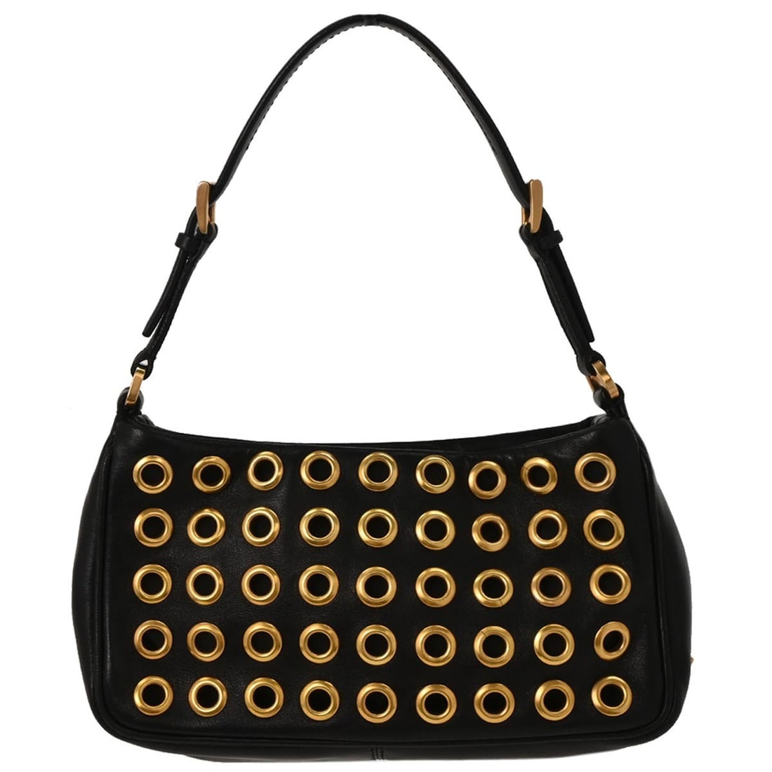 Prada Black Leather Mini Top Handle Handbag with Grommets: Prada Black Leather Mini Top Handle Handbag with Grommets Introducing the Prada Black Leather Metal Grommet Handbag, a stylish accessory that perfectly complements casual outings. This mini top handle
