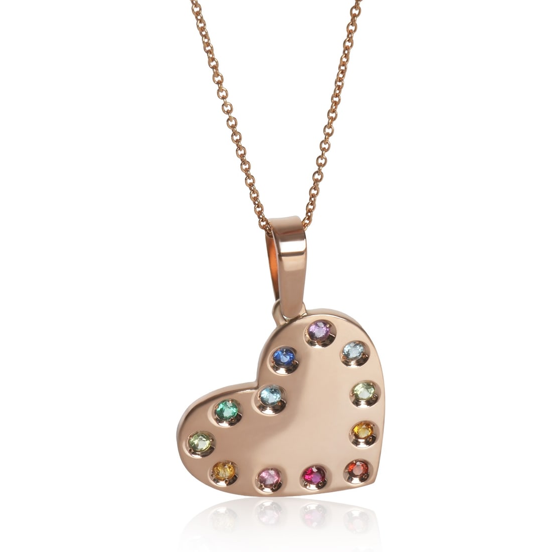 14K Rose Gold Heart Pendant with Rainbow Gemstones: 14K Rose Gold Heart Pendant with Rainbow Gemstones This exquisite pendant features a charming heart design crafted from 14K rose gold, giving it a beautiful pink hue. The pendant is designed for a uni