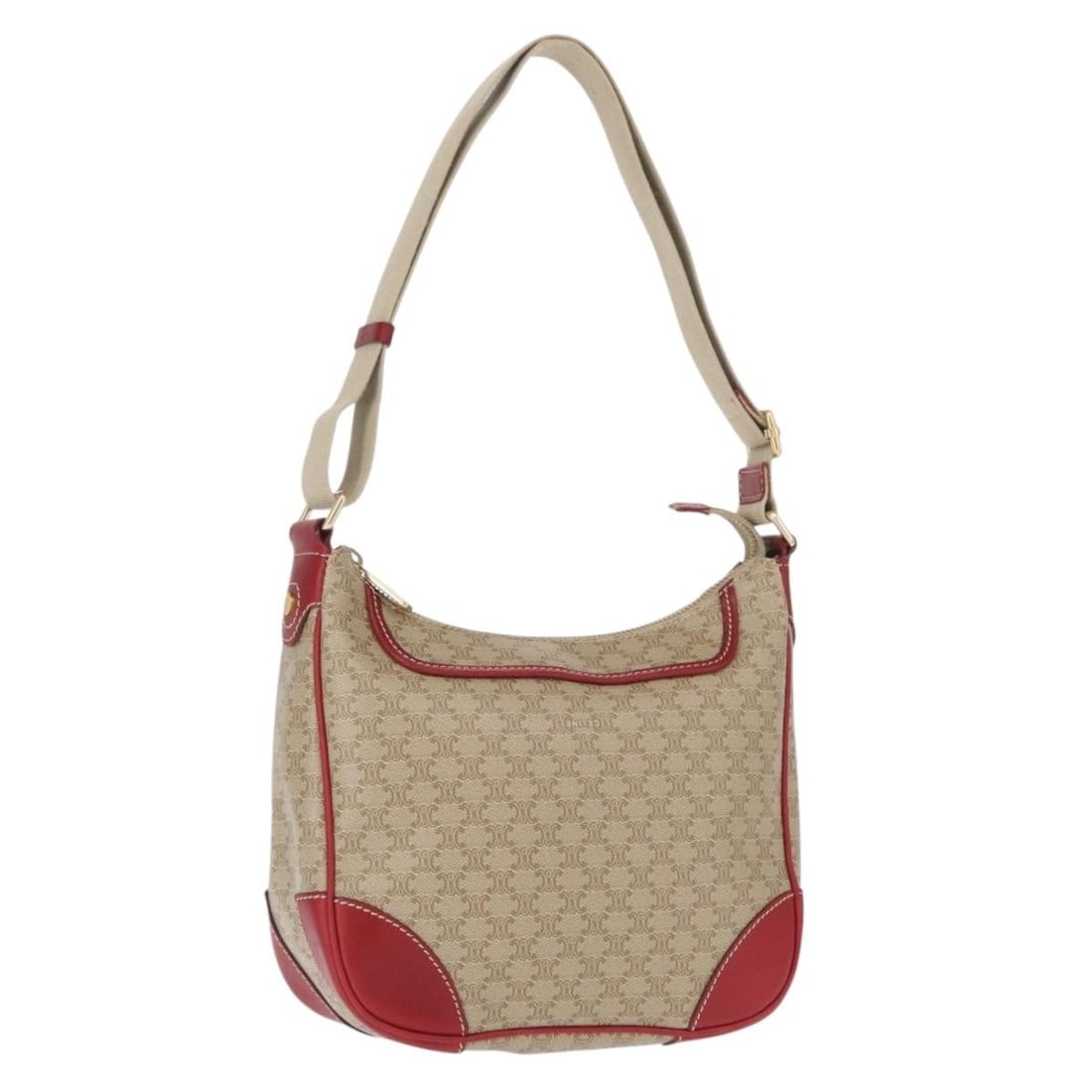 Beige Macadam Canvas Shoulder Bag by CELINE PVC Leather Italy: Beige Macadam Canvas Shoulder Bag by CELINE PVC Leather Italy This CELINE Macadam shoulder bag is crafted from beige and gold PVC leather with the signature Macadam canvas pattern. Made in Italy, it f