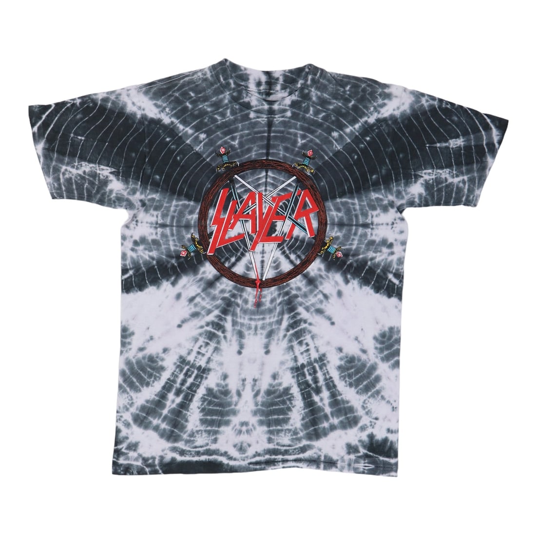 Vintage 1990 Symmetria Tie Dye Shirt by Slayer 100 Percent Cotton: Vintage 1990 Symmetria Tie Dye Shirt by Slayer 100 Percent Cotton This is an original vintage 1990 Slayer Symmetria tie dye shirt, not a modern reproduction. The shirt features a tie dye color scheme 