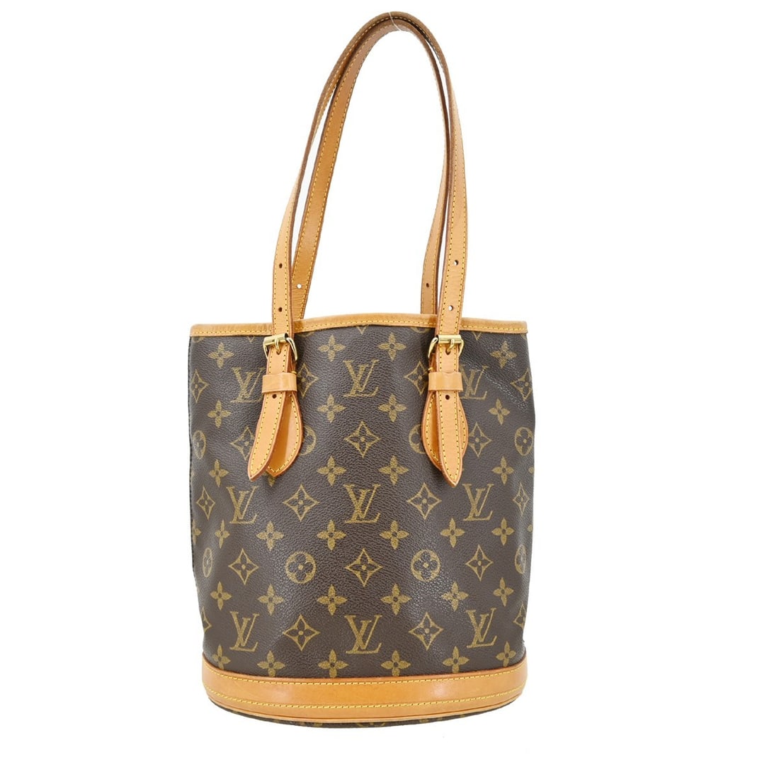 Louis Vuitton Monogram Petite Bucket PM Brown Canvas Shoulder Tote M42238: Louis Vuitton Monogram Petite Bucket PM Brown Canvas Shoulder Tote M42238 This Louis Vuitton Monogram Bucket PM tote bag features the iconic monogram canvas exterior with brown leather shoulder straps