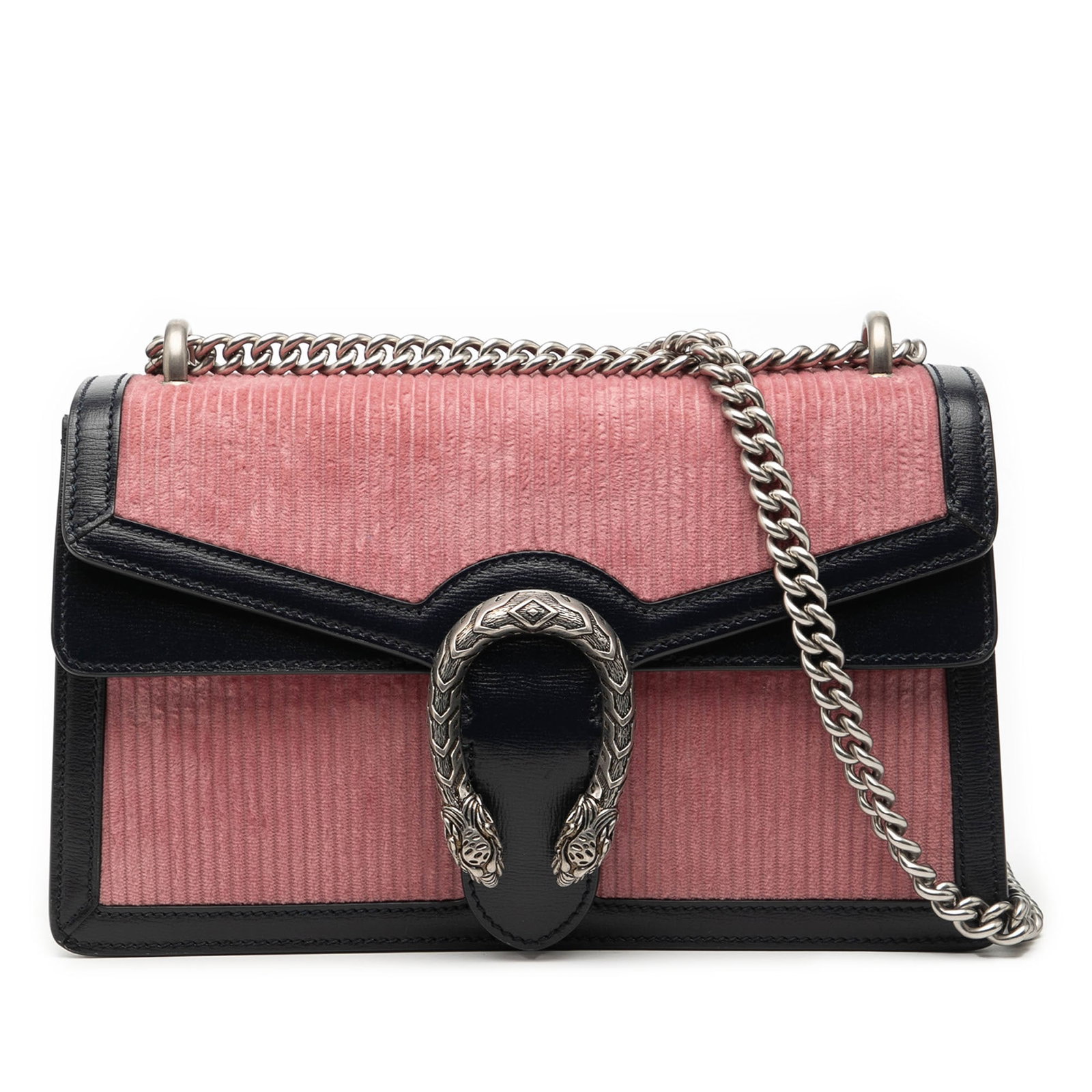 Gucci Dionysus Small Corduroy Shoulder Bag With Silver Chain Strap: Gucci Dionysus Small Corduroy Shoulder Bag With Silver Chain Strap This Gucci Small Bicolor Corduroy Dionysus Shoulder Bag features a corduroy body with leather trim, complemented by silver-tone chain