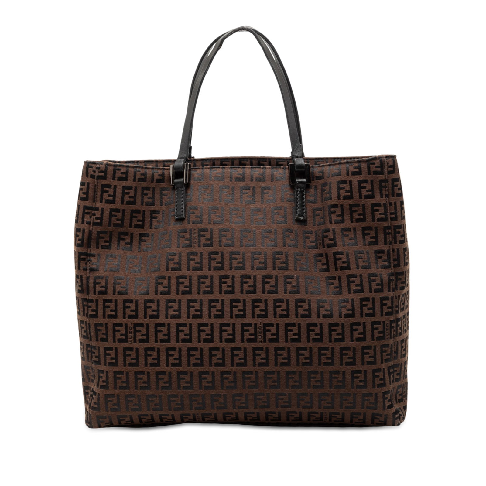 Brown Zucchino Canvas Tote Bag with Leather Straps by Fendi: Brown Zucchino Canvas Tote Bag with Leather Straps by Fendi This Fendi Zucchino Canvas Tote features a canvas body in brown, complemented by flat leather straps and a top zip closure. The interior is 