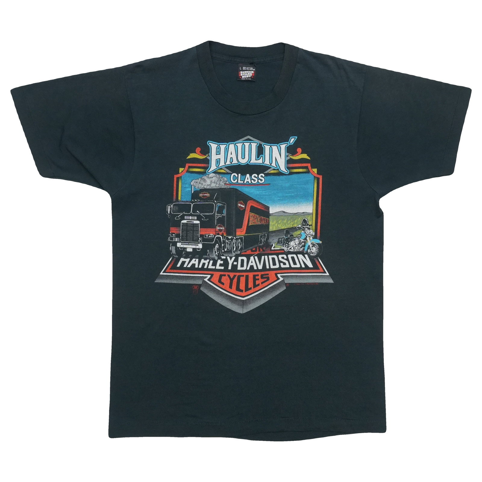 Vintage 1988 Black Cotton Shirt with Haulin Class Graphics: Vintage 1988 Black Cotton Shirt with Haulin Class Graphics This is an original vintage 1988 Harley Davidson Haulin Class shirt, featuring classic front and back graphics. It is a true vintage piece fr