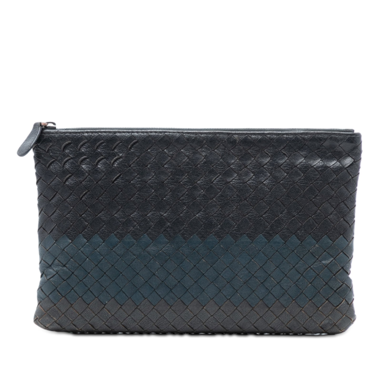 Tricolor Nappa Intrecciato Leather Clutch by Bottega Veneta: Tricolor Nappa Intrecciato Leather Clutch by Bottega Veneta This Bottega Veneta Tricolor Nappa Intrecciato Clutch features a woven leather exterior in a tricolor design and a top zip closure. The bag 