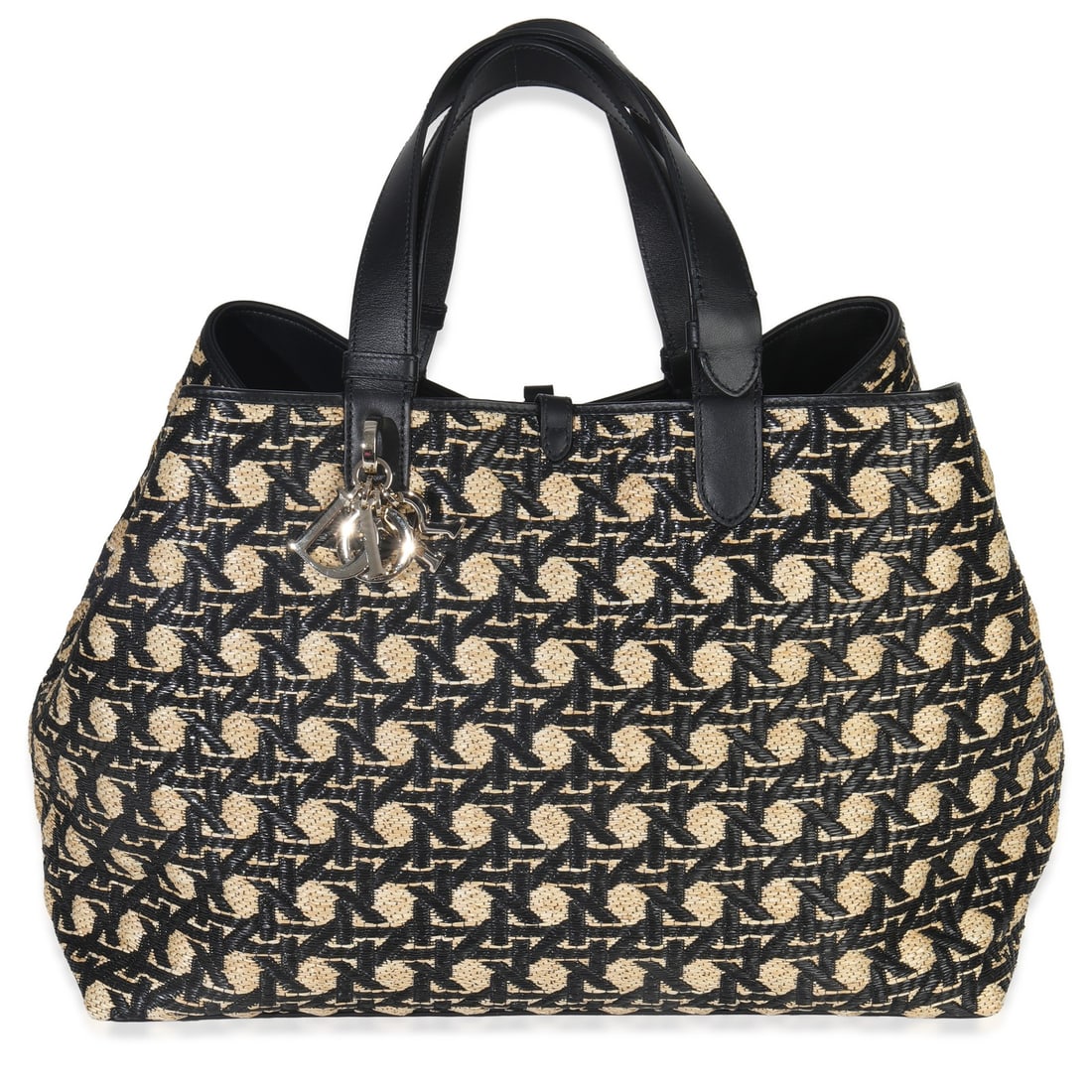Beige and Black Raffia Toujours Tote Bag with Accessories by Christian Dior: Beige and Black Raffia Toujours Tote Bag with Accessories by Christian Dior This Christian Dior Toujours Tote is crafted in Italy from beige and black straw and raffia with a graphic Cannage pattern. 