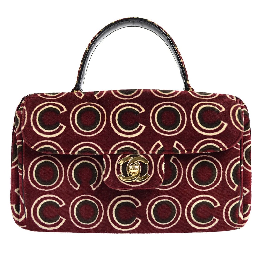 Chanel Bordeaux Velvet COCO Handbag Top Handle Red Accents: Chanel Bordeaux Velvet COCO Handbag Top Handle Red Accents Introducing the Chanel Bordeaux Velvet COCO Top Handle Handbag, a stunning accessory perfect for casual occasions. This medium-sized handbag 
