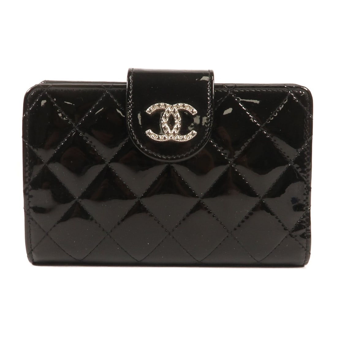 CHANEL Black Patent Leather Bi-fold Wallet with SHW: CHANEL Black Patent Leather Bi-fold Wallet with SHW This CHANEL bi-fold wallet is crafted from luxurious black patent leather, offering a sleek and stylish accessory for everyday use. The wallet showc