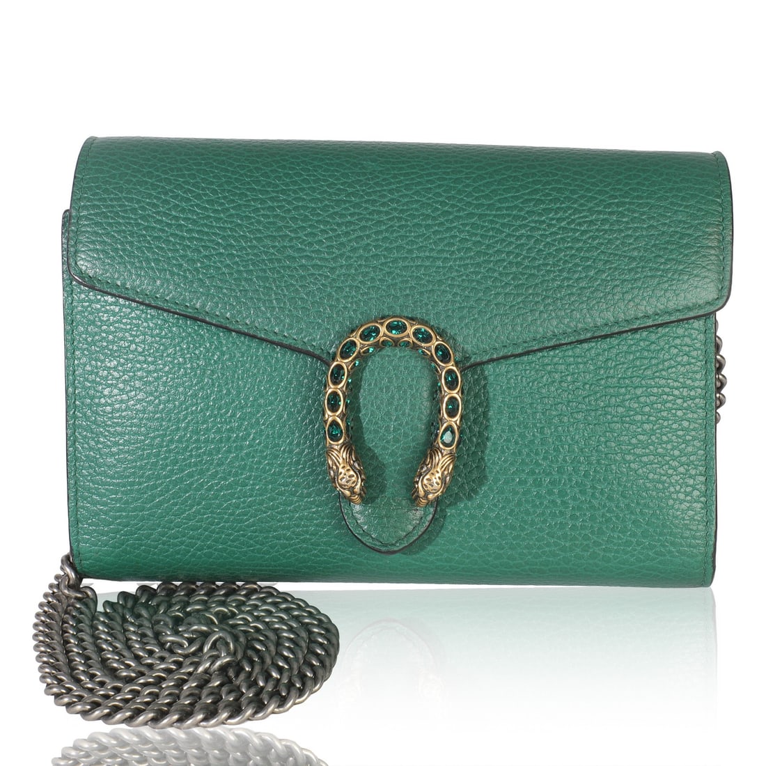 Dionysus Green Leather Chain Wallet by Gucci with Snap Closure: Dionysus Green Leather Chain Wallet by Gucci with Snap Closure This Gucci Dionysus Chain Wallet is crafted from green pebbled calfskin leather and features both gold-tone and silver-tone hardware. The